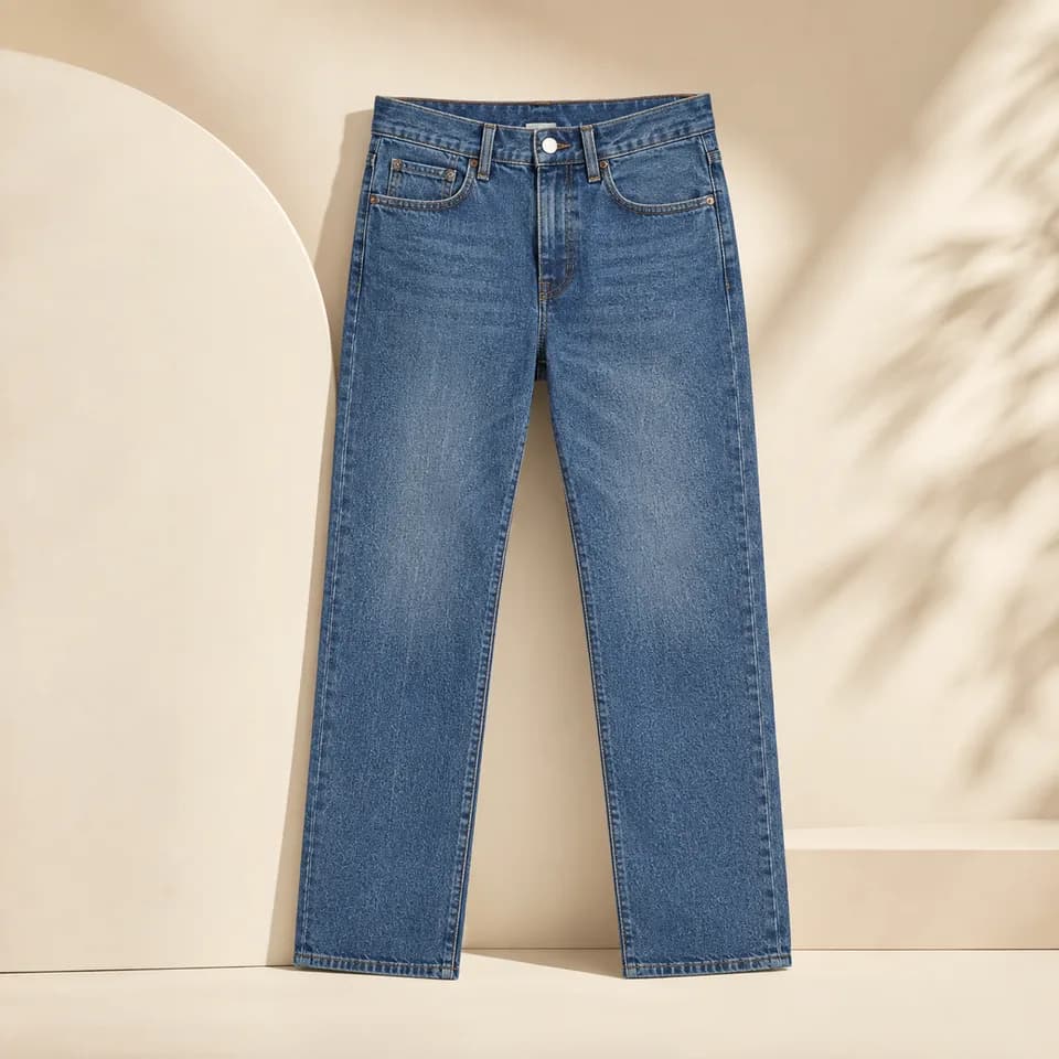 Jean recto azul en catálogo de moda Kipay
